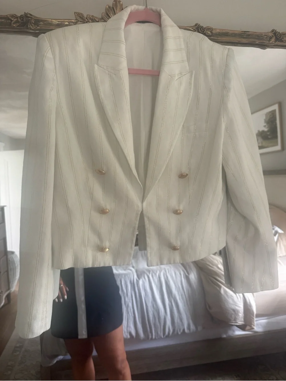 Elie Tahari Cream Double-Breasted Pinstripe Blazer with Gold Buttons